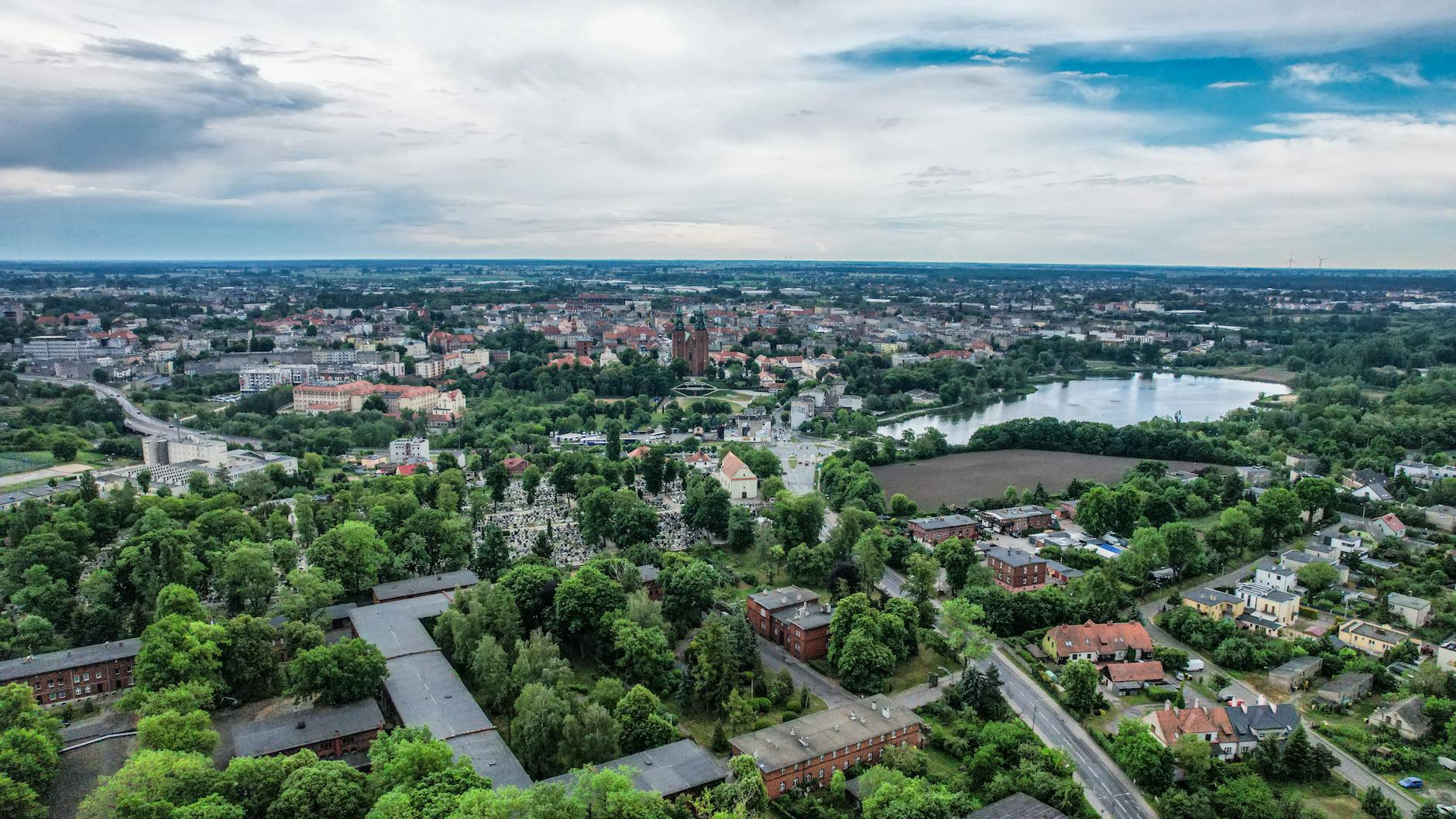 Zielone gałązki i kwiaty symbolizujące Zielone Świątki, z widokiem na jeden z parków w Słupsku w tle.